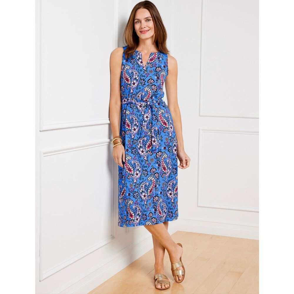 Talbots Effortless Jersey Tie Waist Midi Dress - Seaside Paisley Blue Size LP